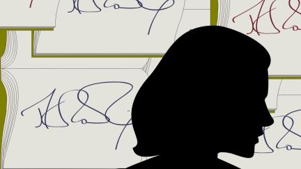 Silhouette of someone (supposed to be JK Rowling) over stacks of signed books. Image: Alyssa Shotwell & Creative Commons. https://en.m.wikipedia.org/wiki/File:JKRowlingsignature.svg