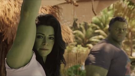 Tatiana Maslany as Jennifer Walters and Mark Rufffalo as Bruce Banner in She-Hulk: Attorney at Law