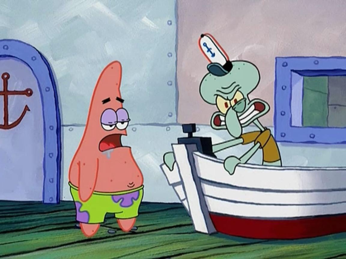 Patrick short-circuits and frustrates Squidward