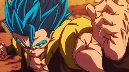 Gogeta from Dragon Ball holds up a fist.