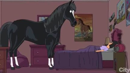 In an animated scene from Bob's Burgers, a large Black stallion (Jericho) stands over Tina's bed