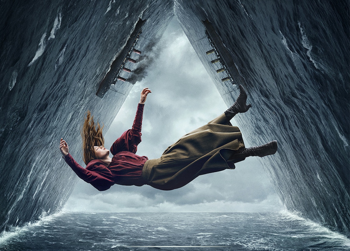 A woman dressed in Victorian clothing falls toward the ocean in a poster for Netflix's '1899' series