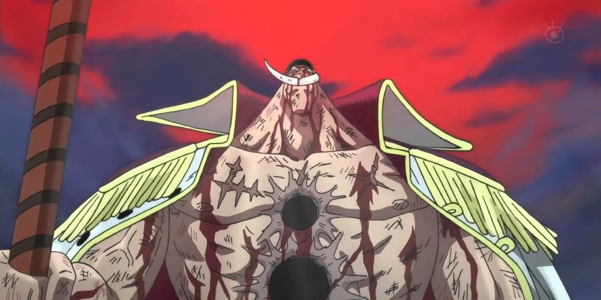 Whitebeard stands tall despite the cannonball holes in his chest in "One Piece"