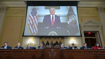 A video of former President Donald Trump is played during a hearing by the House Select Committee to Investigate the January 6th Attack on the U.S. Capitol