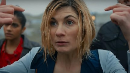 Jodie Whittaker pointing at herself on Doctor Who