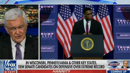 Newt Gingrich speaks on Fox News in a split screen with footage of Herschel Walker speaking at a Trump/Pence rally.