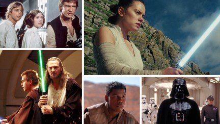 All 'Star Wars' movies ranked - clockwise from top left: Luke (Mark Hamill), Leia (Carrie Fisher), and Han Solo (Harrison Ford); Rey (Daisy Ridley) with a lightsaber, Darth Vader (David Prowse/James Earl Jones) with Stormtroopers; Finn (John Boyega); Qui Gon Jinn (Liam Neeson) and Obi-Wan Kenobi (Ewan McGregor)