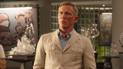 Daniel Craig in Benoit Blanc looking shocked in Glass Onion