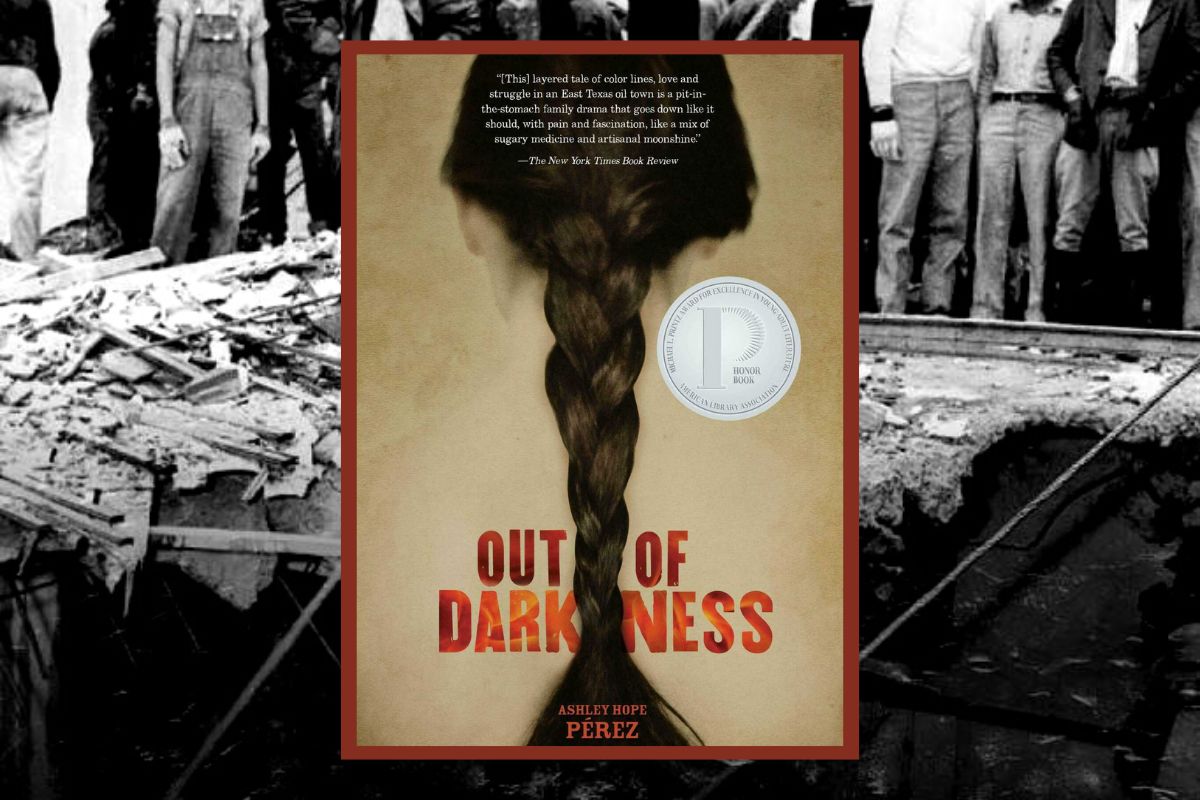 Book cover and inside photo of Out of Darkness by Ashley Hope Pérez. Image: Carolrhoda Labs.