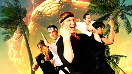 Johnny Lawrence (William Zabka), Danny LaRusso (Ralph Macchio), Robbie (Tanner Buchanan), Miguel (Xolo Maridueña), and Chozen (Yuji Okumoto) striking karate poses in Cobra Kai poster