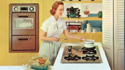 A photo illustration of a 1950s housewife cooking on a gas stove.