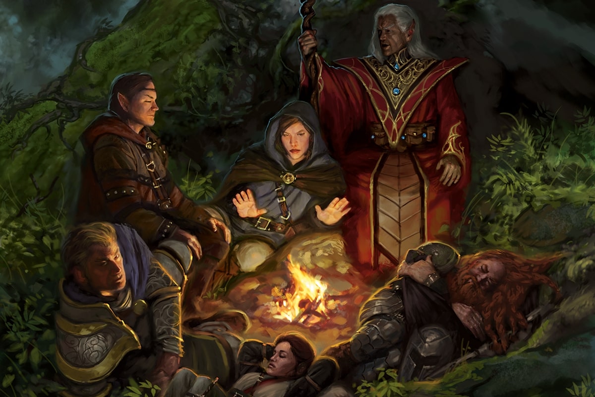 A group of adventurers sleeping around a dire