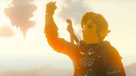 Link pondering his new arm in Legend Of Zelda: Tears of the Kingdom