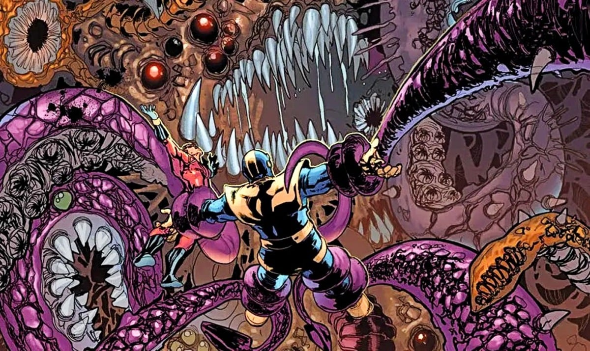 A hero trapped by tentacles in the Cancerverse in Marvel's Thanos Imperative