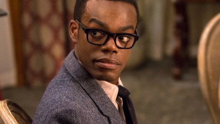 Chidi looks over his shoulder in The Good Place.