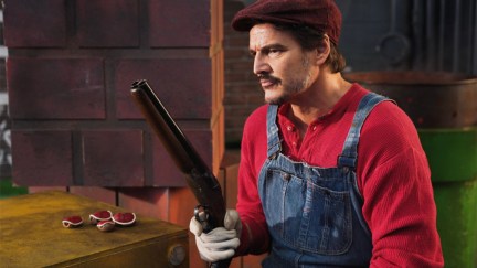 Pedro Pascal looking gruff as Mario Mario on SNL