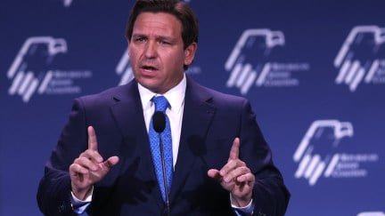 Florida Governor Ron DeSantis speaks to guests at the Republican Jewish Coalition Annual Leadership Meeting