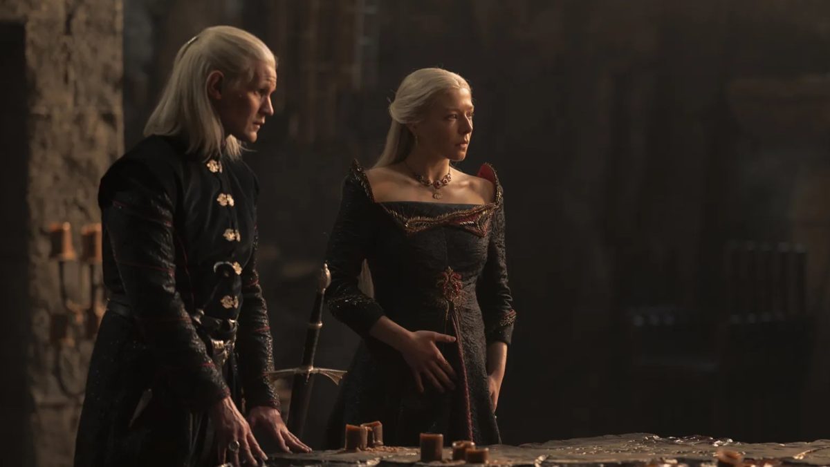 Rhaenyra and Daemon Targaryen, played by Emma D'Arcy and Matt Smith respectively, learn that King Viserys I died in the finale of the first season of House of the Dragon