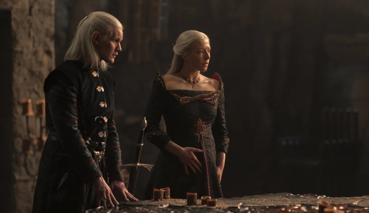 Rhaenyra and Daemon Targaryen, played by Emma D'Arcy and Matt Smith respectively, learn that King Viserys I died in the finale of the first season of House of the Dragon