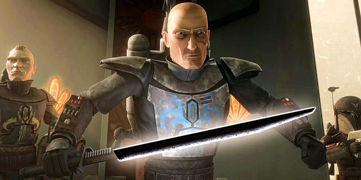 Jon Favreau as Pre Vizsla holding the Darksaber in Star Wars: The Clone Wars