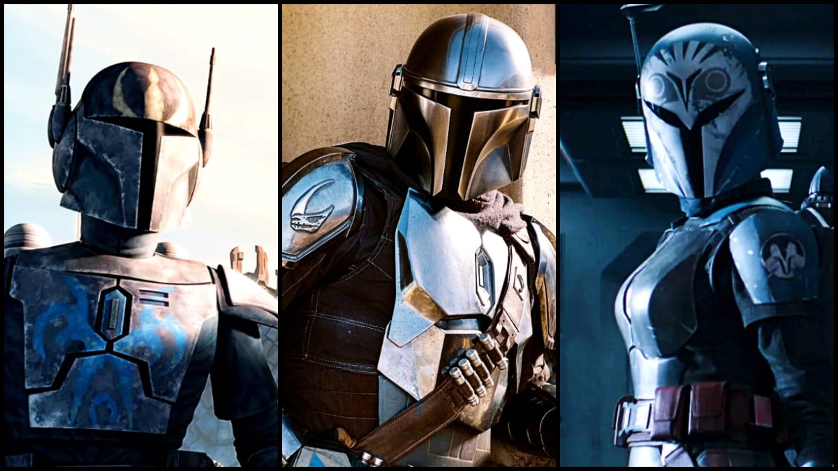 Pre Vizsla (Jon Favreau) in Star Wars: The Clone Wars and Din Djarin (Pedro Pascal) and Bo-Kataon Kryze (Katee Sackhoff) in The Mandalorian