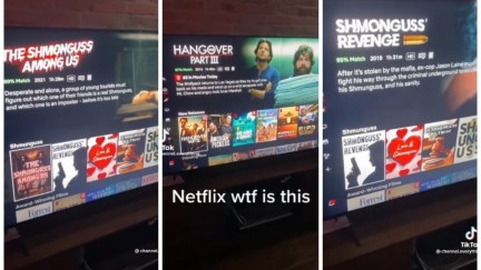 Three screenshots from a TikTok showing the Netflix homescreen