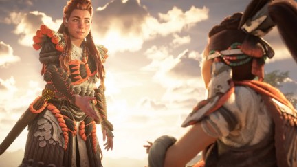 Aloy holding her hand out to Seyka in the Horizon: Forbidden West DLC Burning Shores