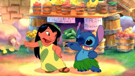 Lilo and Stitch dance in front of a fruit stand in 'Lilo & Stitch'