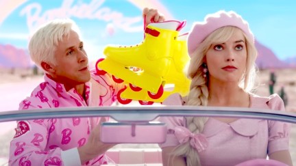 Ken shows an exhasperated Barbie his rollerblades from the back seat of her car in Greta Gerwig's Barbie movie trailer.