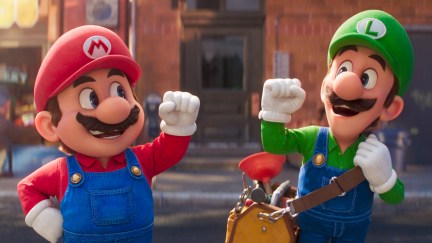 Mario and Luigi pump their fists, standing in the street. Luigi has a bag of plumbing tools on his shoulder.