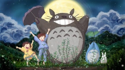 Cuddly monster Totoro celebrates in the moonlight with their babies and two little human girls in 