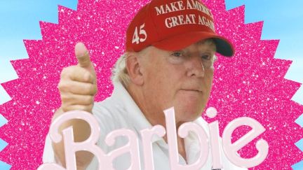 Trump gives a thumbs up, wearing a MAGA hat, surrounded by a sparkly pink circle with the Barbie logo in front of him.