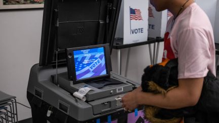 A person stands at a voting machine.