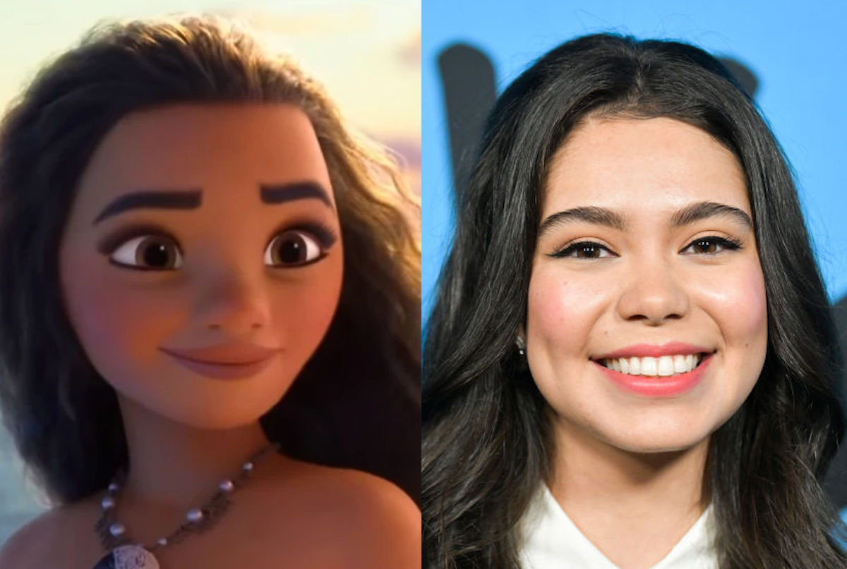 Disney's animated Moana closeup, next to a closeup of her voice actor, Auliʻi Cravalho.