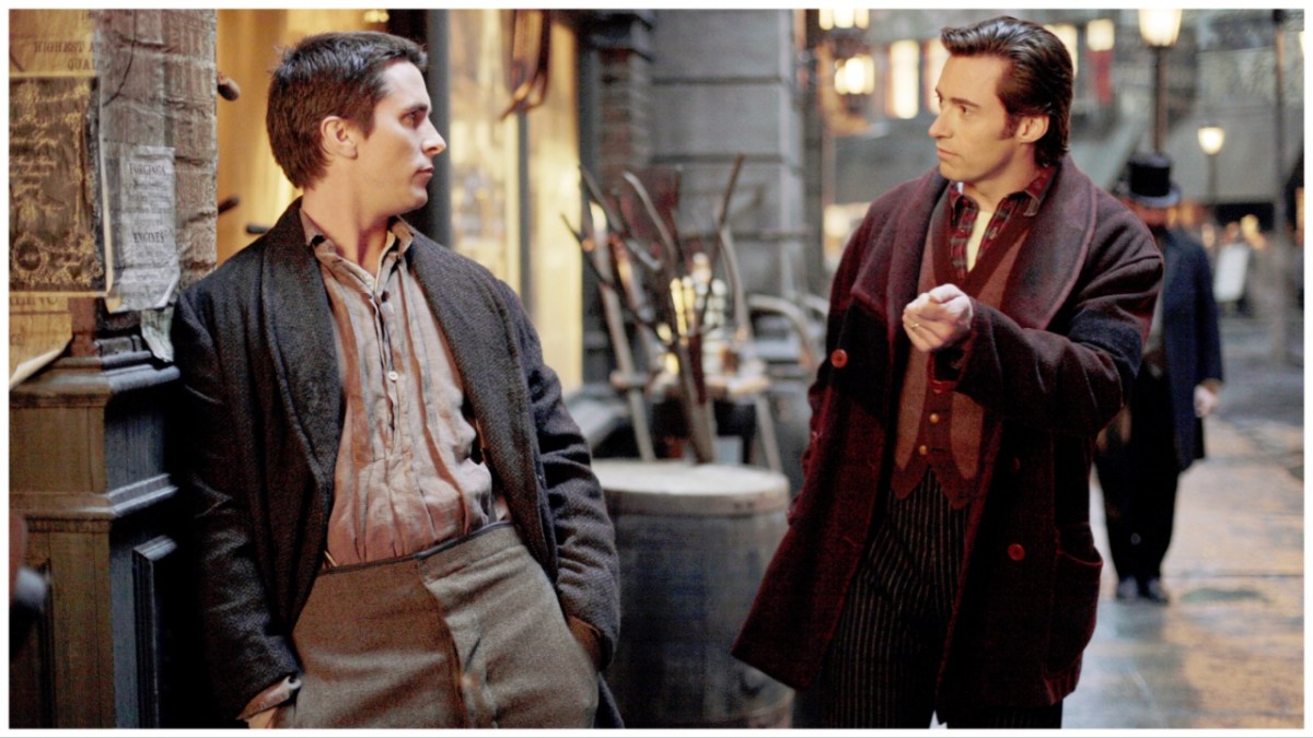 christian bale and hugh jackman stare each other down in the prestige