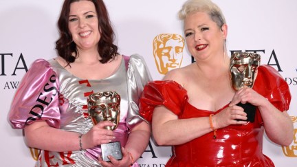 isa McGee and Siobhán McSweeney pose in the Winner's Room after receiving the Scripted Comedy Award for 'Derry Girls' at the 2023 BAFTA Television Awards.