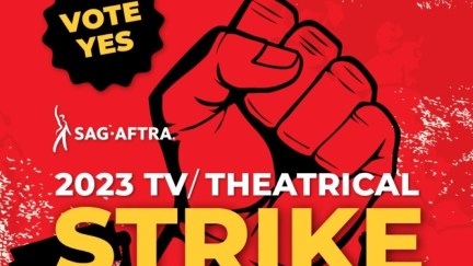 SAG-AFTRA strike authorization vote graphic of a clenched fist. It says 