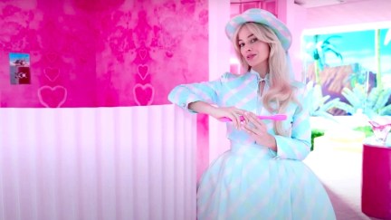 Margot Robbie as Barbie in the Barbie movie dream house tour.