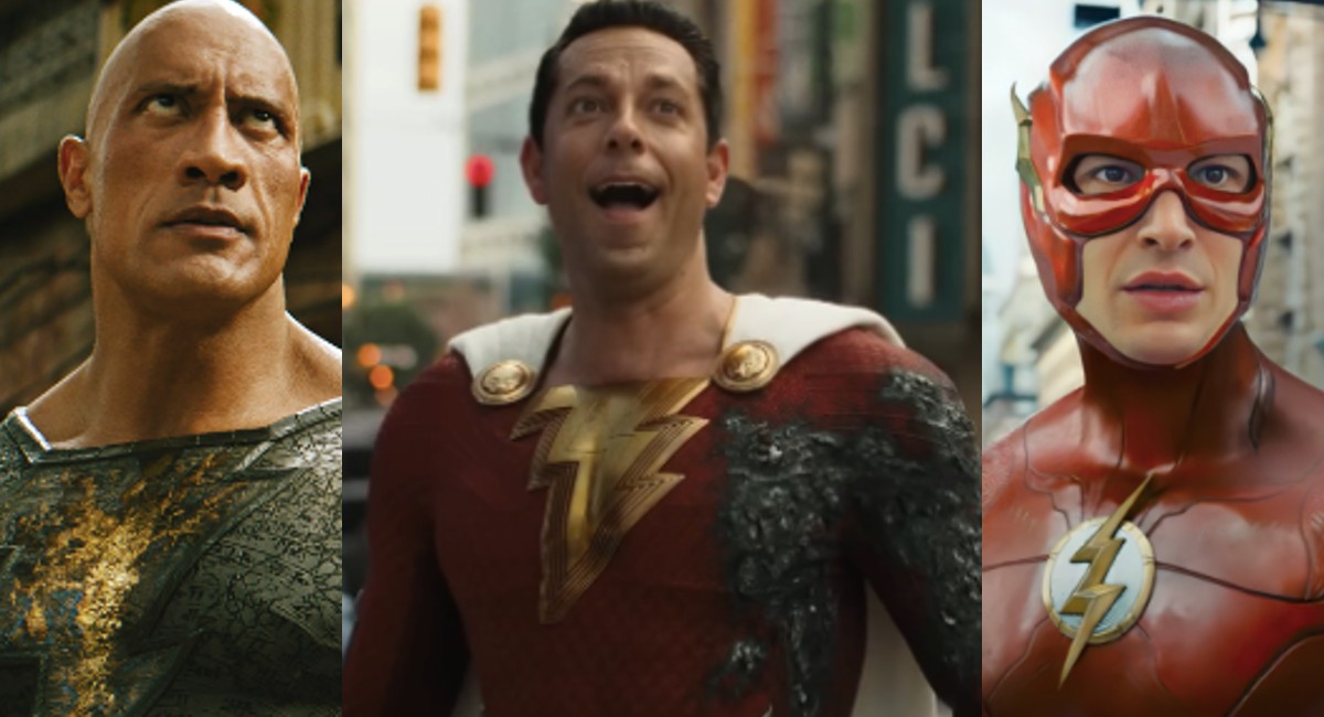 A close up of Black Adam, Shazam, and The Flash