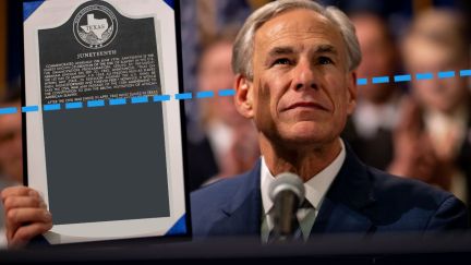 Juneteenth historical marker cropped out and missing 2/3rds. This is imposed unto an image of Texas Governor Greg Abbott holding up a Bill he signed in June 2023.