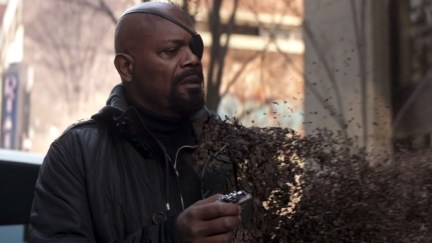 Samuel L. Jackson as Nick Fury in the Avengers: Infinity War post-credit scene, as he turns to dust because of Thanos' snap