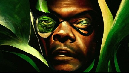 A painting of Nick Fury, with green swirling around him. The image looks just a little off, with his features not quite right.