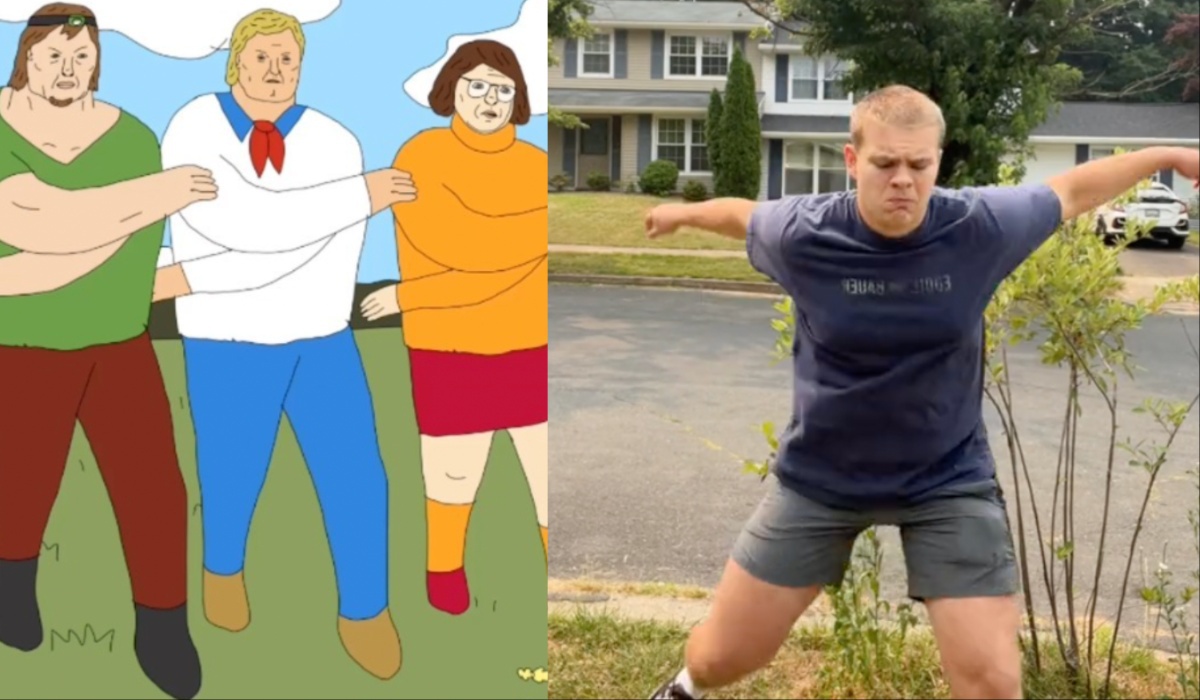 A side by side of a young man flailing his arms dancing, next to an illustration of the scooby doo gang doing the same move.