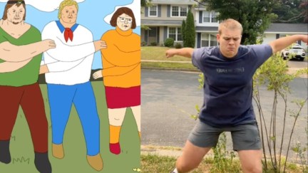 A side by side of a young man flailing his arms dancing, next to an illustration of the scooby doo gang doing the same move.