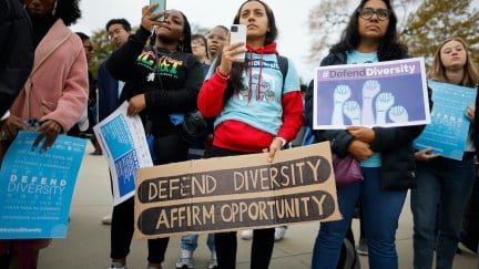 Proponents for affirmative action in higher education rally in front of the U.S. Supreme Court