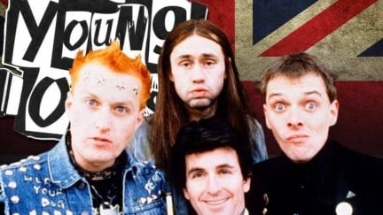 Promotional image of The Young Ones; Rik Mayall, Nigel Planer, Adrian Edmondson, and Christopher Ryan, all young white men, stand in front of a Union Jack and the name of the show in black on white squares.