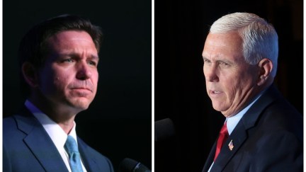 A side by side of Ron DeSantis and Mike Pence looking annoyed and boring.