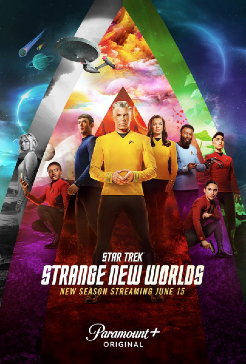 Season 2 poster for Strange New Worlds. The characters pose against a variety of planets and starscapes.