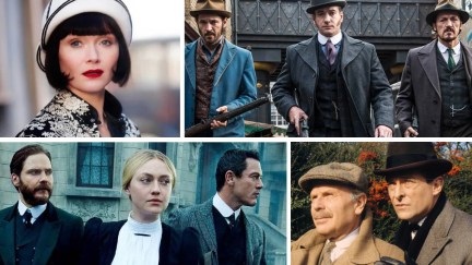 A collage featuring some of the best period detective dramas (clockwise from top left): 'Miss Fisher's Murder Mysteries,' 'Ripper Street,' 'The Adventures of Sherlock Holmes,' and 'The Alienist'