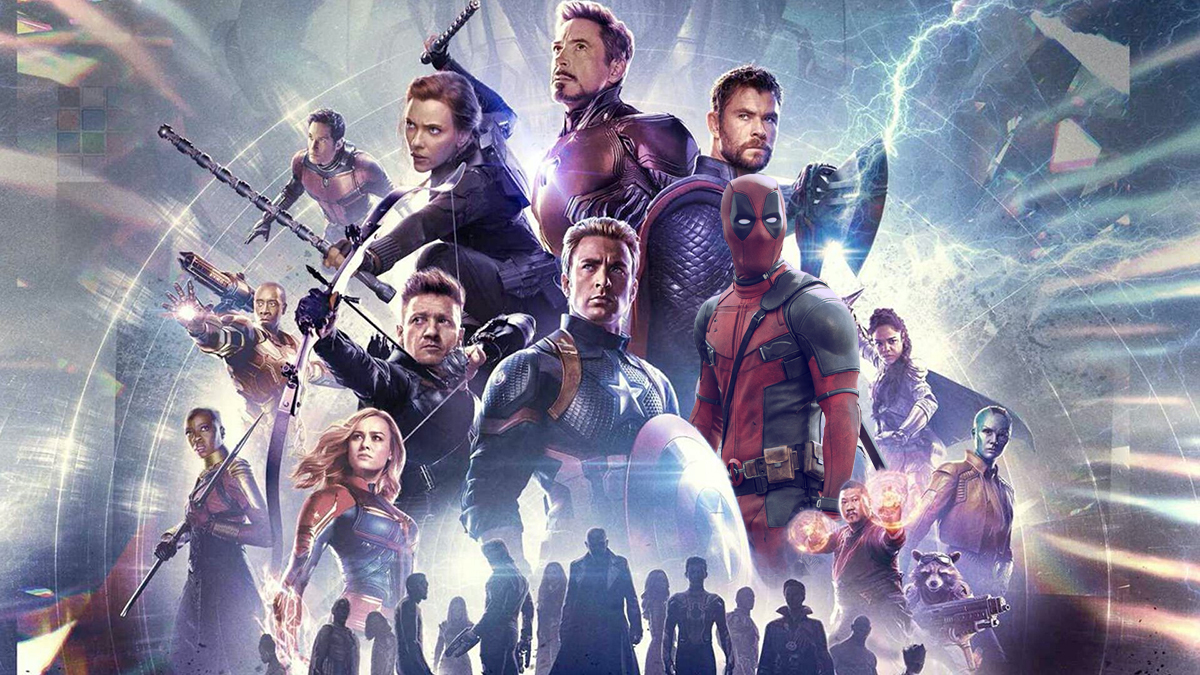 The heroes of the MCU all pose together, with Deadpool standing among them.